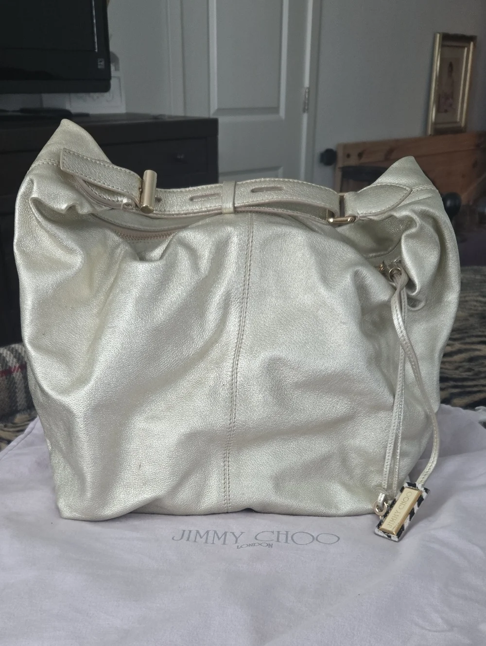 Authentic Jimmy Choo Metallic Gold Leather Hobo Bag